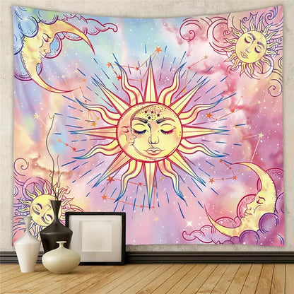 Bohemian decorative tapestry yoga mat with vibrant pastel suns and moons on a cosmic backdrop for bedroom decor