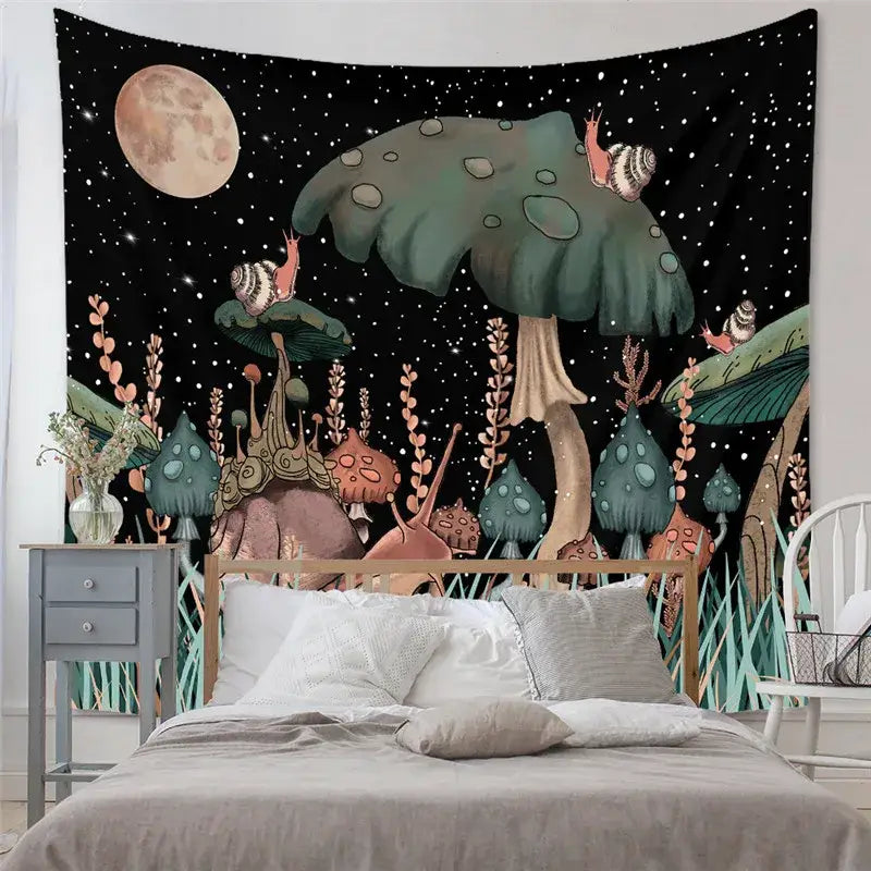 Bohemian black and white decorative tapestry yoga mat featuring a fantasy forest with oversized mushrooms and a full moon