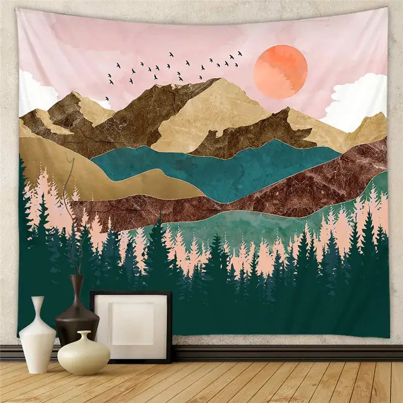 A soft pink and teal decorative tapestry yoga mat with gold-leaf peaks, warm sun, and birds for bedroom decor