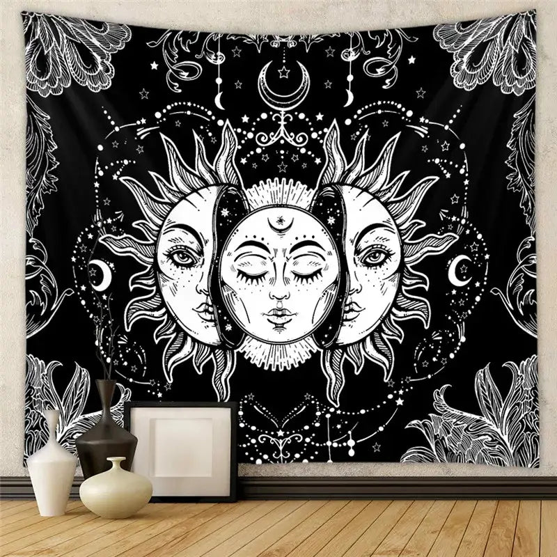 Bohemian black and white decorative tapestry yoga mat featuring stylized sun faces with floral and star patterns