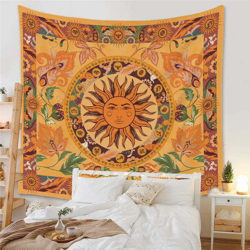 Vibrant orange and green bohemian decorative tapestry yoga mat featuring a sun and floral patterns for bedroom decor