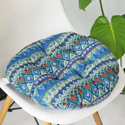 Bohemian blue green and red geometric meditation cushion pouf with quilted design for living room use