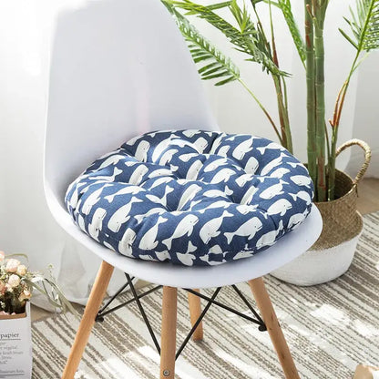 Bohemian blue green and red geometric meditation cushion pouf with blue and white whale pattern round cushion pouf