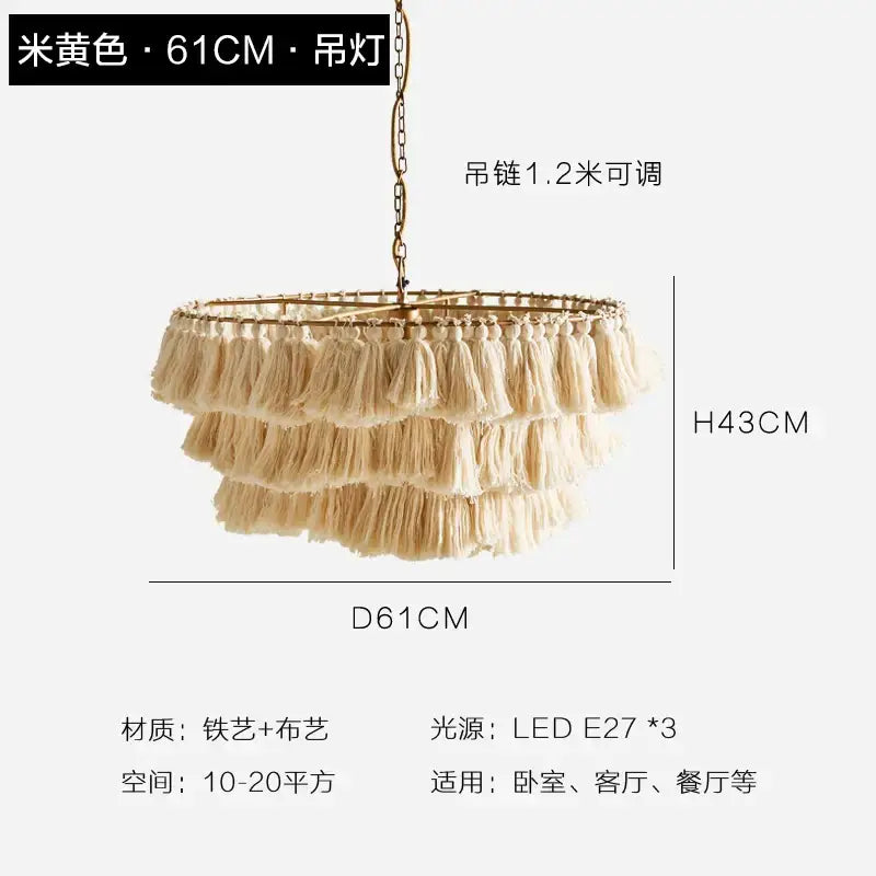 Beige tiered tassel light with metal frame suspension light from decorbites bohemian chandelier for bedroom use