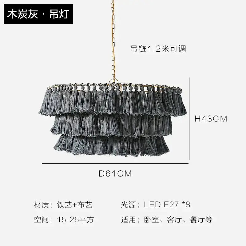 Charcoal gray tiered tassel light with brass chain iron frame and eight led e27 bulbs by decorbites bohemian chandelier suspension light