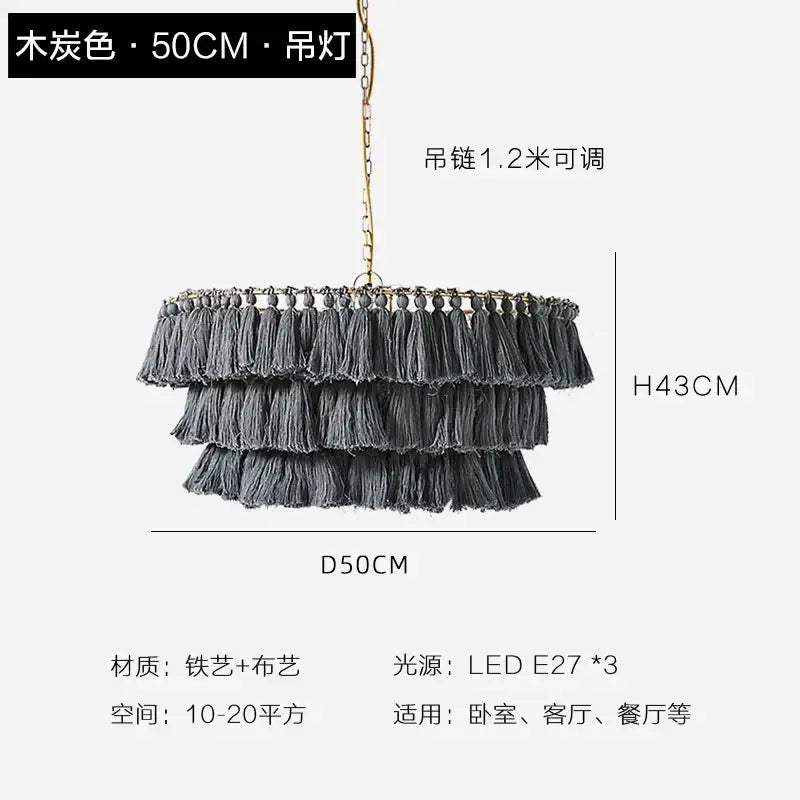 A tiered charcoal-gray tassel light with brass chain iron frame for bohemian bedroom decorbites suspension light