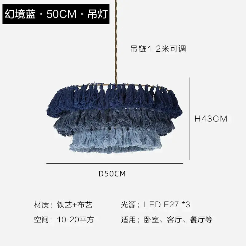 A decorbites bohemian chandelier tassel light with tiered blue gradient shades and metal chain suspension light