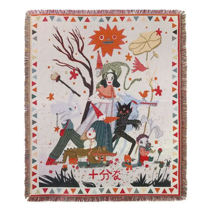 Off-white woven decorbites bohemian camping blanket with colorful cartoon nature characters and geometric borders