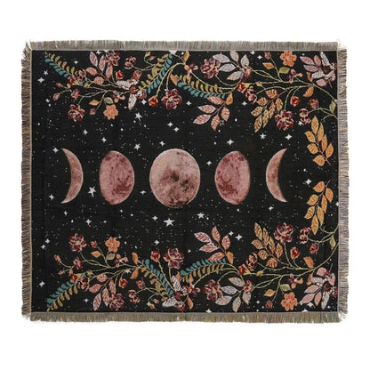 Black woven decorbites bohemian camping blanket with moon phases and floral patterns for cozy living room decor