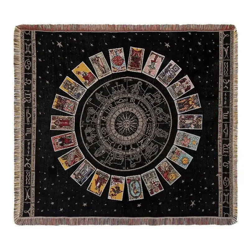 Black woven bohemian camping blanket with zodiac and tarot circular design and fringe borders by decorbites bohemian