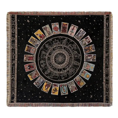 Black woven bohemian camping blanket with zodiac and tarot circular design and fringe borders by decorbites bohemian