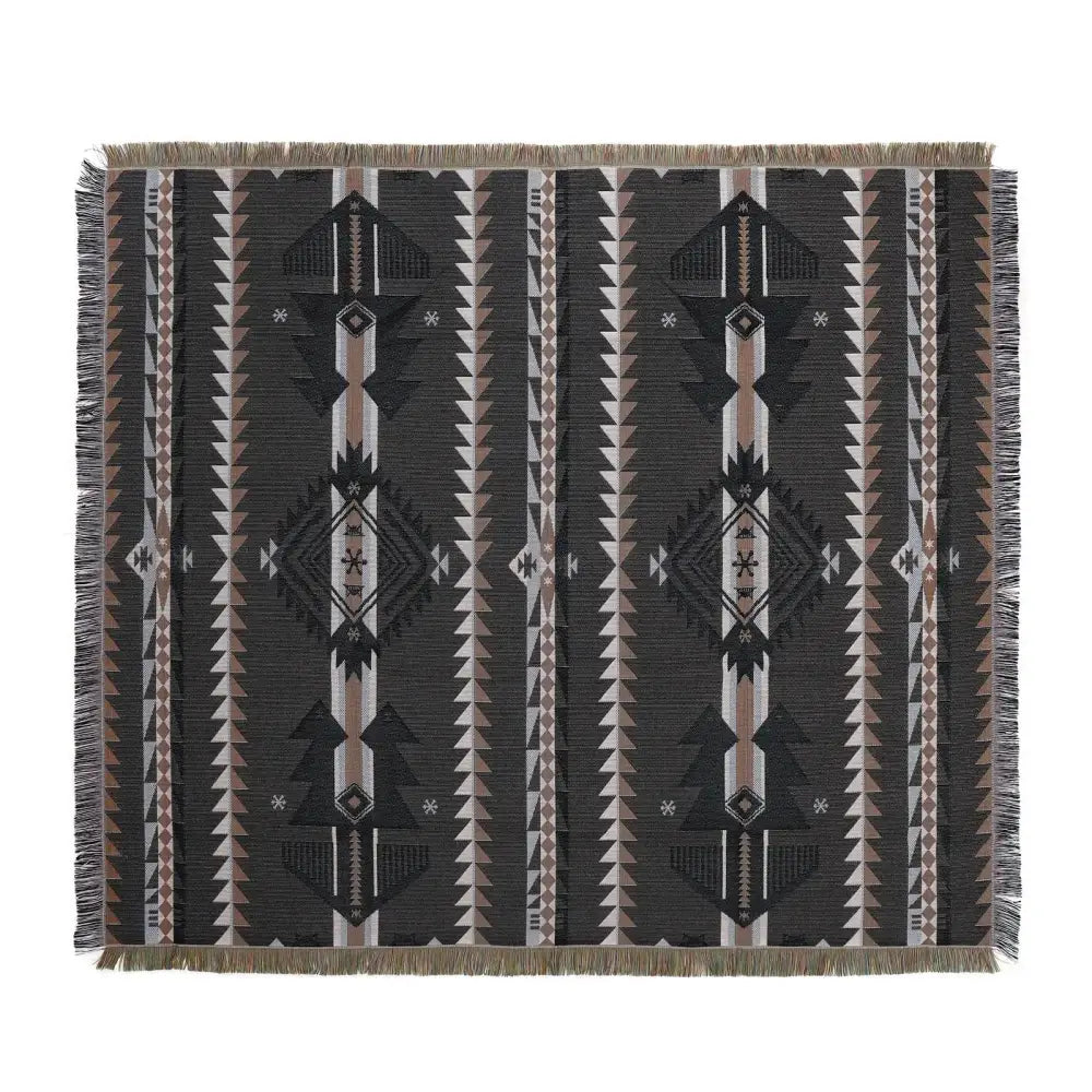 Black and beige woven decorbites bohemian camping blanket with geometric tribal patterns and fringed edges for living room decor