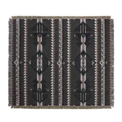 Black and beige woven decorbites bohemian camping blanket with geometric tribal patterns and fringed edges for living room decor