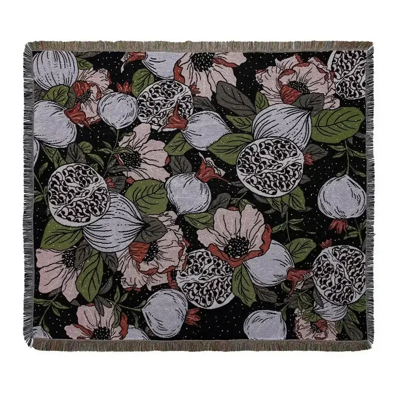 Black throw blanket with detailed floral and pomegranate pattern and fringed edges for decorbites bohemian camping use