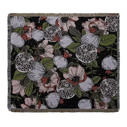 Black throw blanket with detailed floral and pomegranate pattern and fringed edges for decorbites bohemian camping use