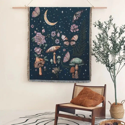 Decorbites bohemian camping blanket dark teal woven tapestry with embroidered butterflies mushrooms roses crescent moon