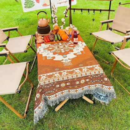 Orange and cream patterned woven decorbites bohemian camping blanket with fringe edges for living room throw use