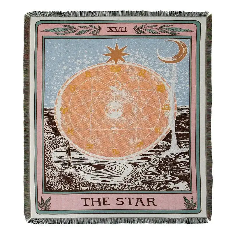 A decorbites bohemian camping blanket featuring a soft woven tapestry with a yellow sun star tarot design on blue