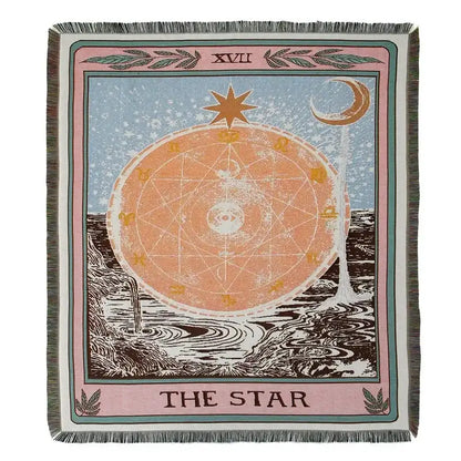 A decorbites bohemian camping blanket featuring a soft woven tapestry with a yellow sun star tarot design on blue