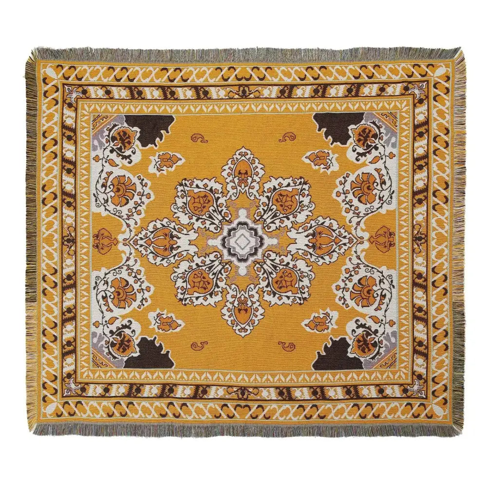 A decorbites bohemian camping square throw blanket with a mustard yellow sun pattern and fringed edges for living room decor