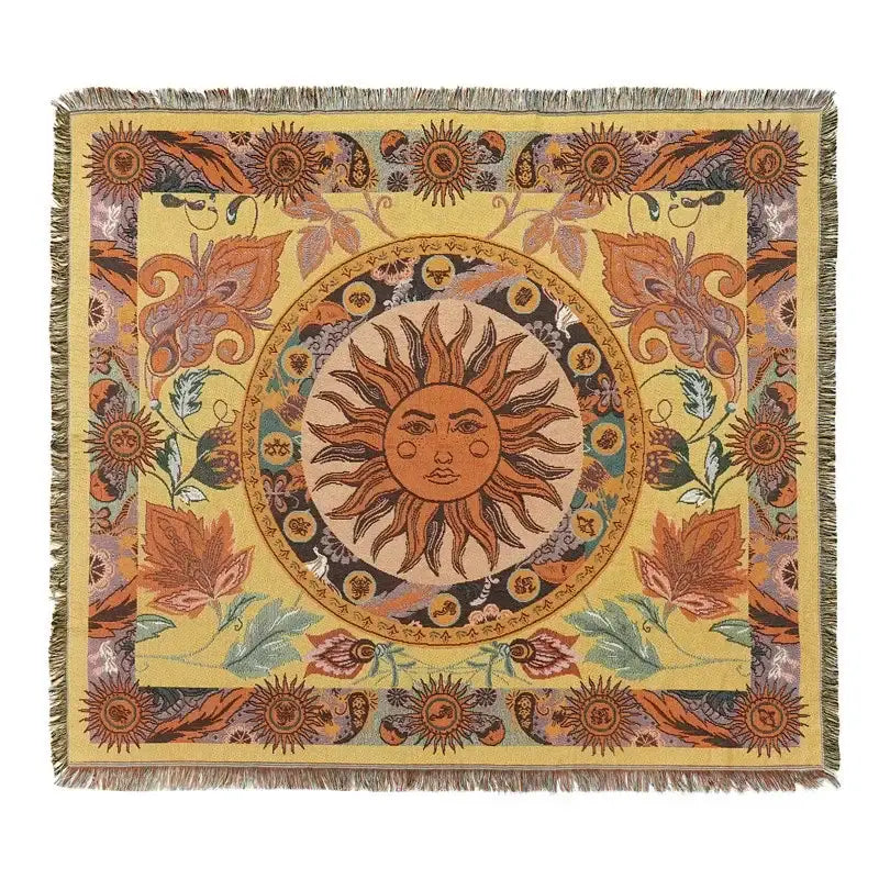 Decorbites bohemian camping blanket with yellow sun pattern and floral woven design for living room throw decor