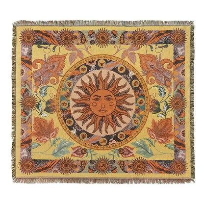 Decorbites bohemian camping blanket with yellow sun pattern and floral woven design for living room throw decor