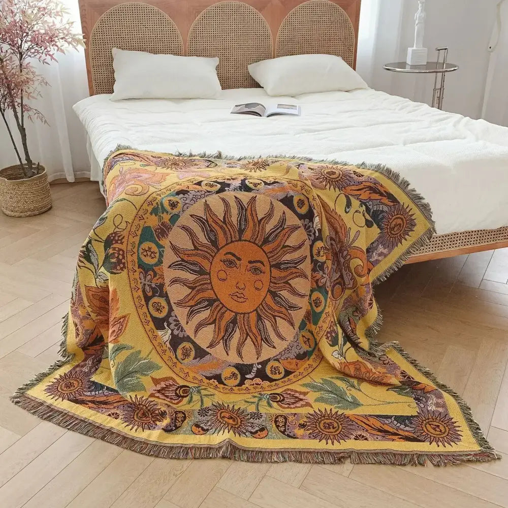 Vibrant yellow bohemian camping blanket with sun motif and floral patterns by decorbites for living room throw decor