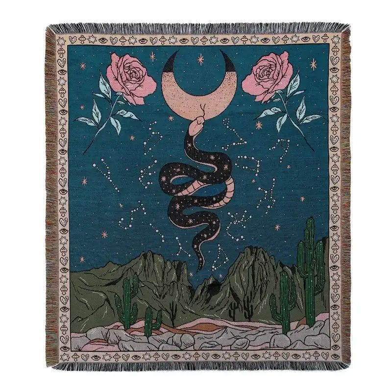 Woven decorbites bohemian camping blanket featuring a black snake moon design with pink roses on deep teal background