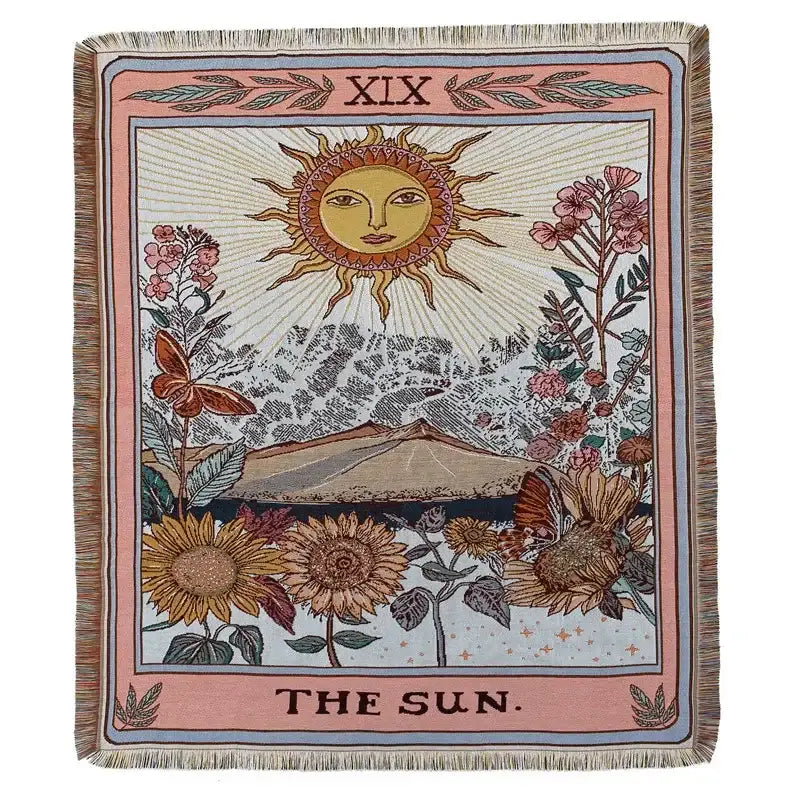 Decorbites bohemian camping woven tapestry blanket with yellow sun pattern featuring vibrant flowers and butterflies