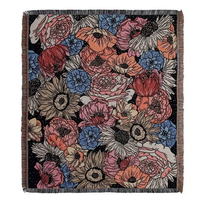 Woven decorbites bohemian camping blanket with vibrant floral pattern and textured fringe for living room decor