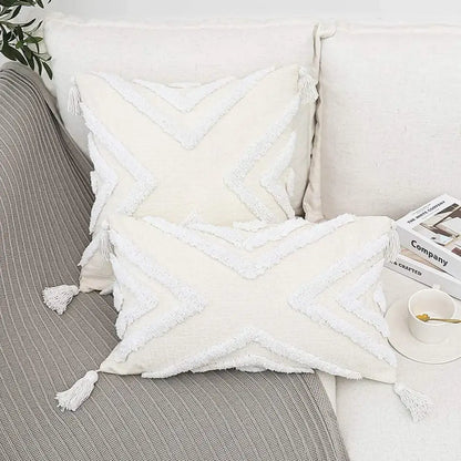 Cream-colored bohemian chenille pillowcase with textured fringed geometric patterns and tassels for living room decorbites bohemian
