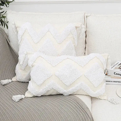 Cream-colored bohemian chenille pillowcase with textured white zigzag patterns and tassels for living room decorbites bohemian