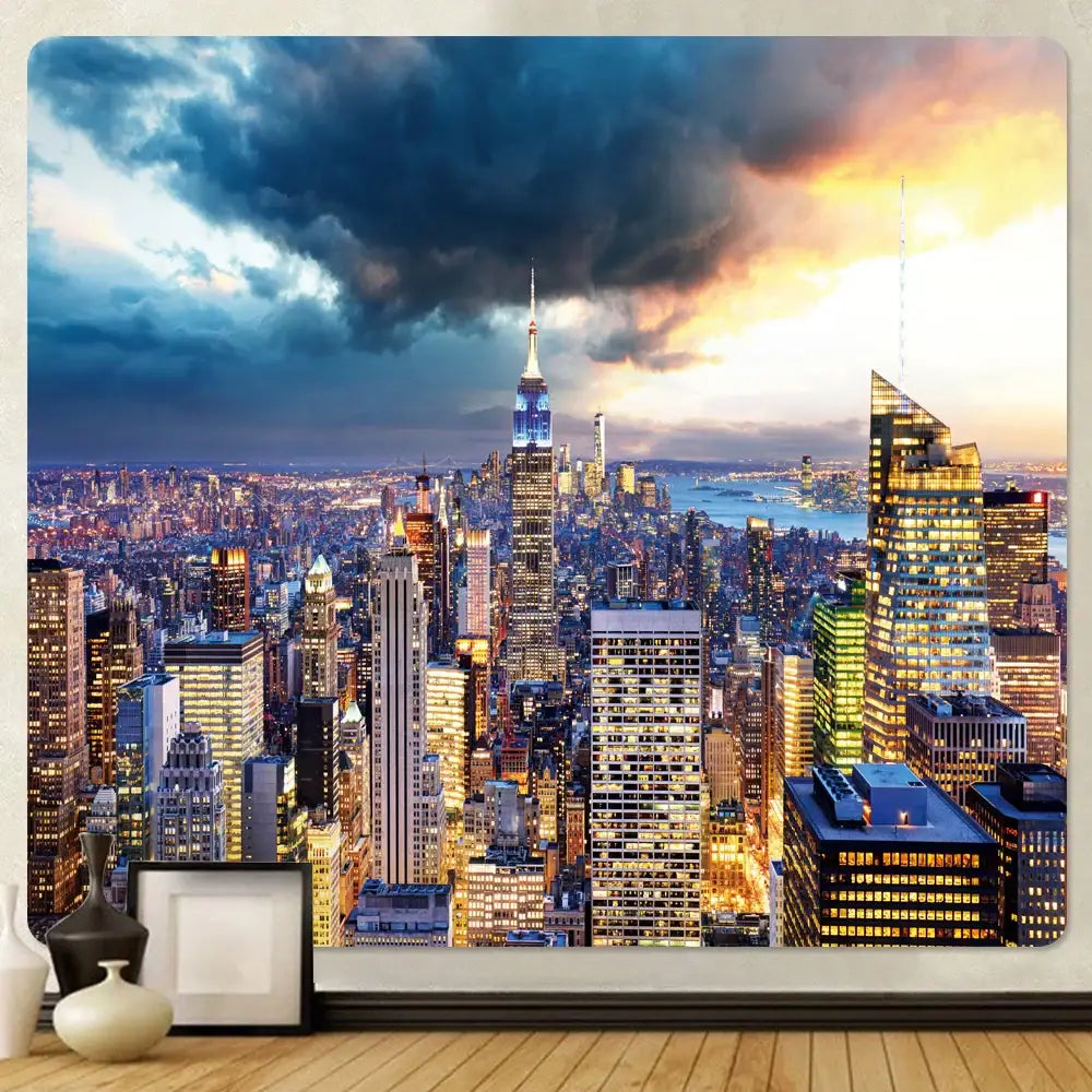 Vibrant decorbites city view tapestry featuring empire state building and brooklyn bridge with warm sunset hues for bedroom decor
