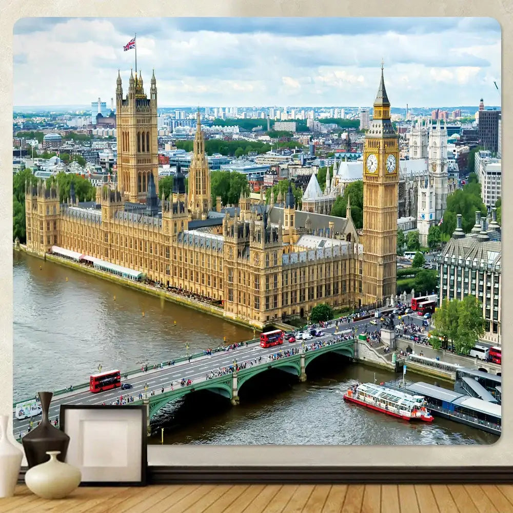 A framed decorbites city view tapestry featuring a realistic london skyline with big ben and houses of parliament