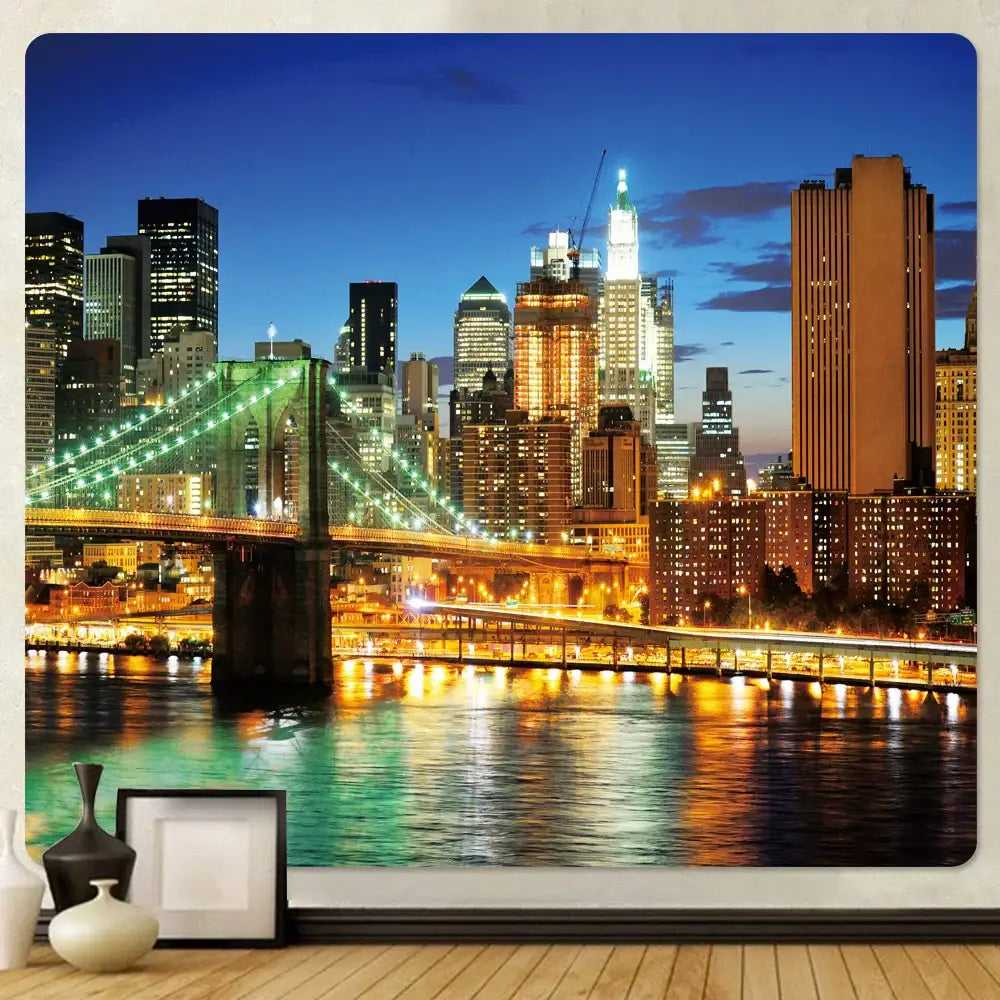 Bohemian city view tapestry featuring brooklyn bridge and illuminated skyscrapers at dusk for decorbites city view decor