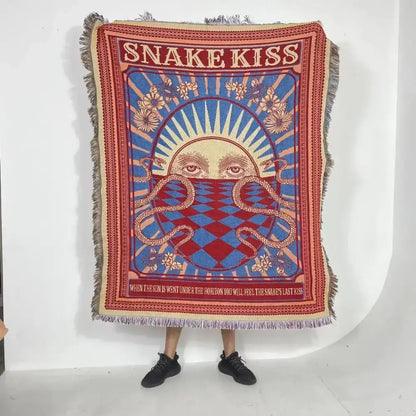 Bohemian classic design vibrant red and blue woven throw blanket with snake motif and fringed edges for bedroom decorbites bohemian classic