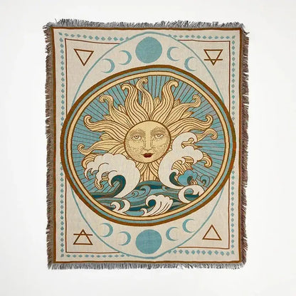 Bohemian classic design rectangular woven tapestry with sun rays and celestial symbols in teal gold and cream tones