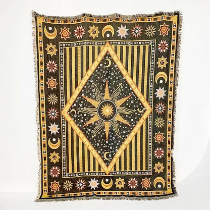 Bohemian classic design dark green woven tapestry with golden starburst and celestial motifs for decorbites bohemian classic