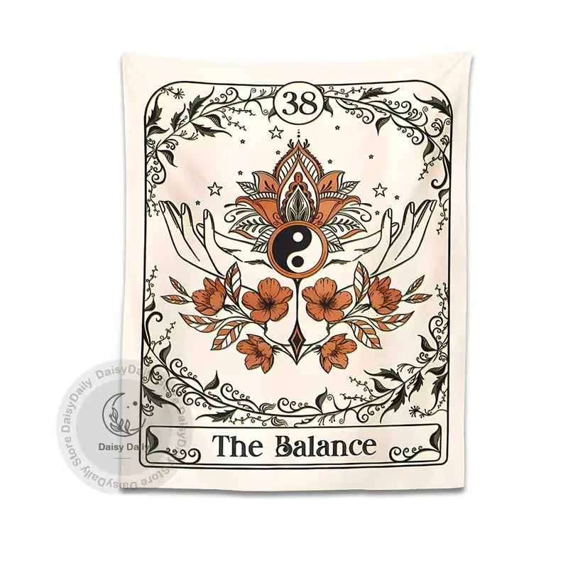 Bohemian cream balance tarot tapestry wall hanging featuring yin-yang design with orange flowers and ornate black vines