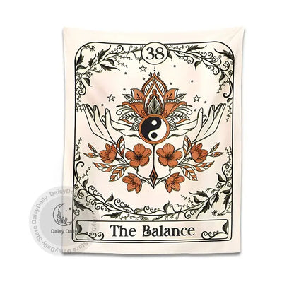 Bohemian cream balance tarot tapestry wall hanging featuring yin-yang design with orange flowers and ornate black vines