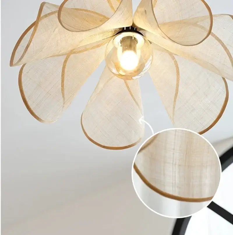 Beige linen fabric flower chandelier with warm glow floral design for bohemian dining room lighting