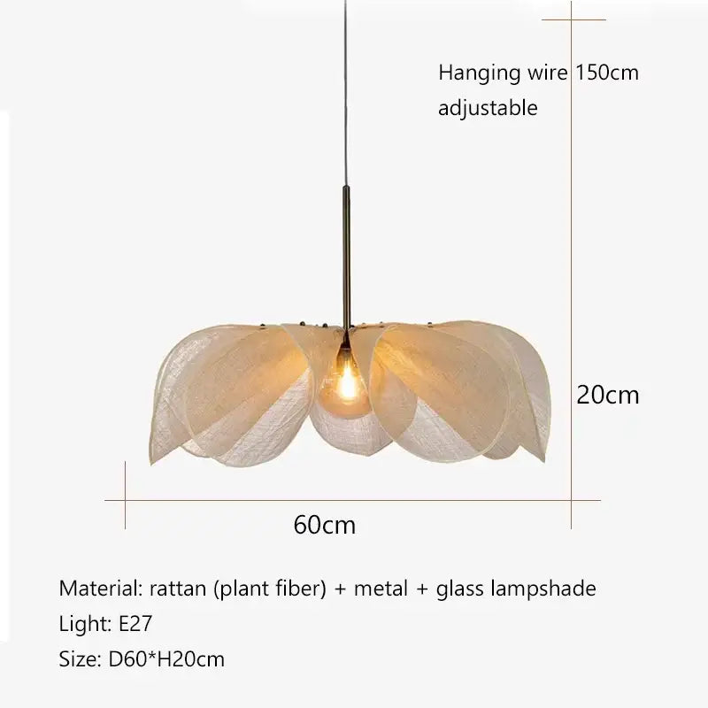 Bohemian cream fabric flower chandelier with layered rattan shade and metal stem for dining room lighting