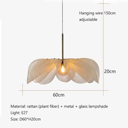 Bohemian cream fabric flower chandelier with layered rattan shade and metal stem for dining room lighting