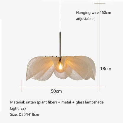 Bohemian cream fabric flower chandelier with rattan and metal petals for elegant dining room lighting