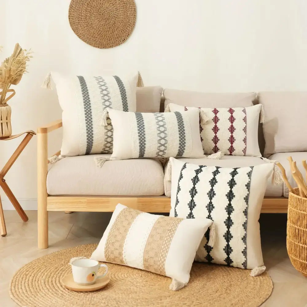 Beige and black geometric bohemian tassel cushion cover with tassel trim for living room decorbites bohemian tassel decor
