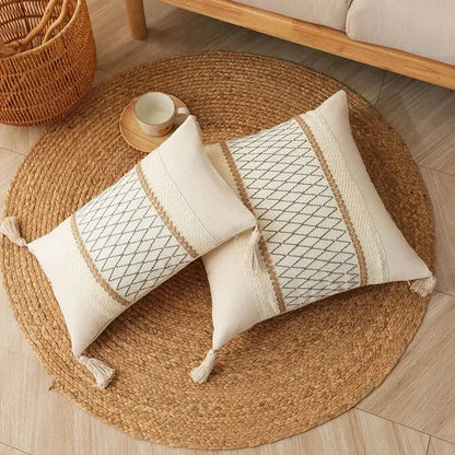 Cream-colored rectangular cushion cover with beige gray geometric patterns and tassels decorbites bohemian tassel style