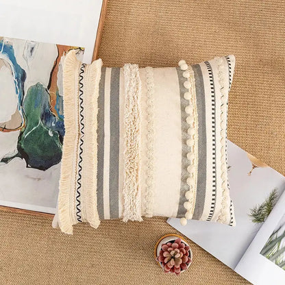 Beige and gray striped bohemian cotton cushion cover with textured fringe pom-poms for living room decorbites decor