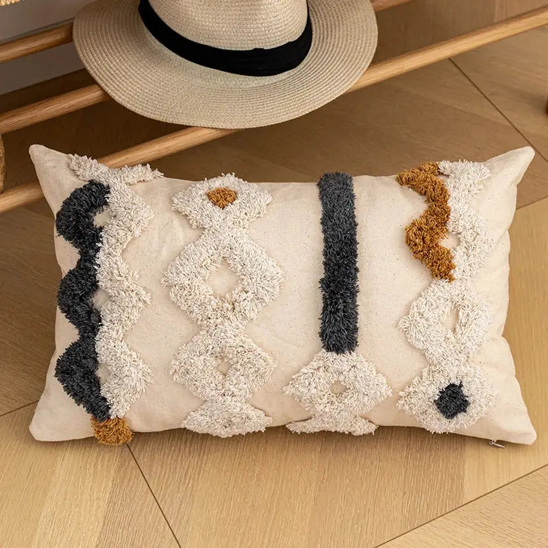 Beige rectangular decorbites bohemian cotton cushion cover with textured chunky yarn appliqués in cream gray and mustard yellow