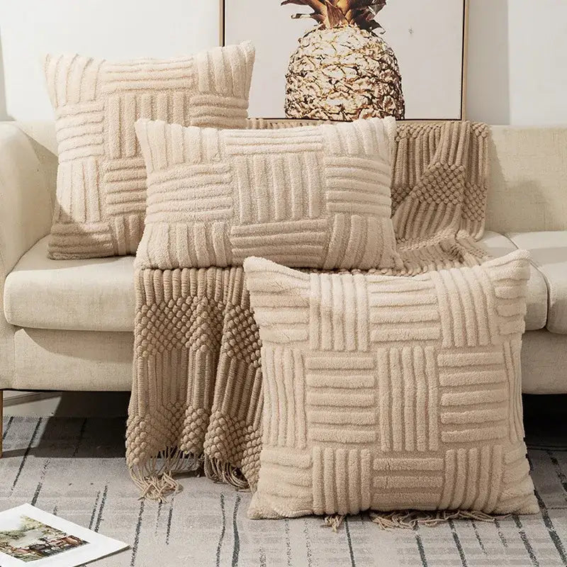 Beige velvet knitted bohemian cushion cover with woven geometric patterns and fringed edges for living room decorbites snowflake