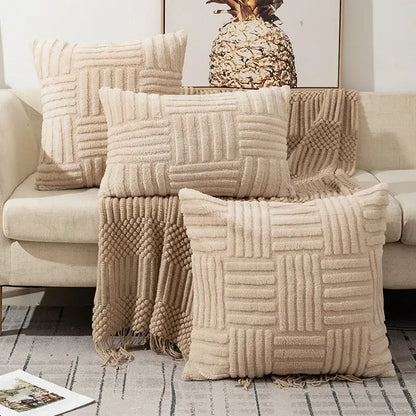 Beige velvet knitted bohemian cushion cover with woven geometric patterns and fringed edges for living room decorbites snowflake